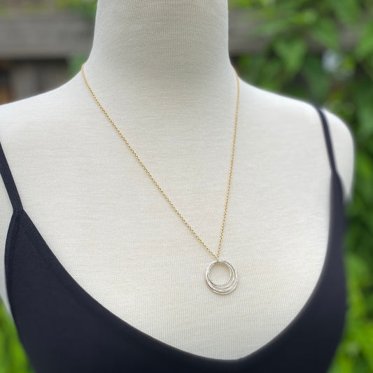 50th Mixed Metal Mid Size Milestone Birthday Necklace, Handcrafted Perfectly Imperfect Sterling Silver Sparkly Circles Pendant on Gold Chain
