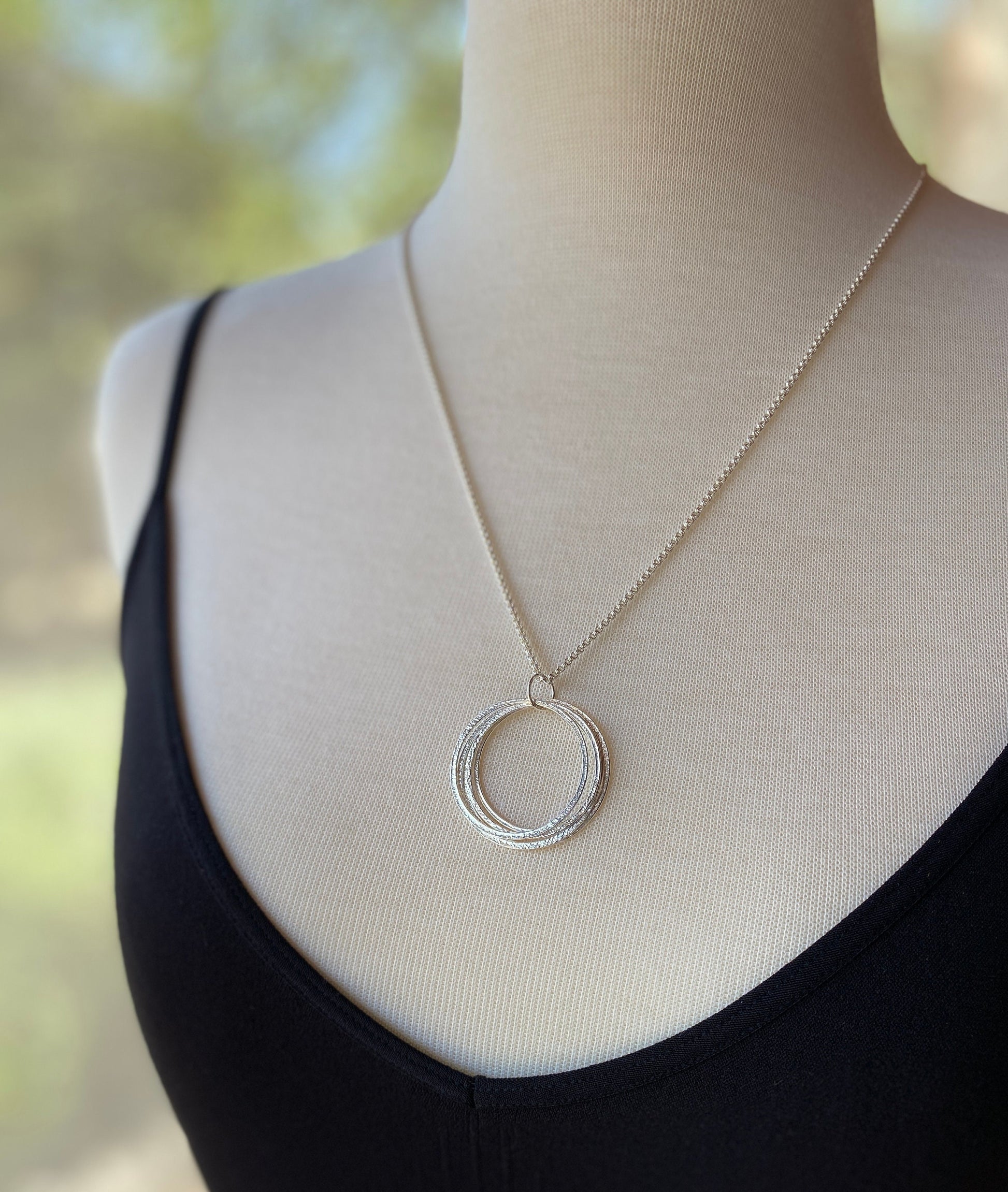50th Birthday Milestone Necklace, Bold Sterling Silver Handcrafted Sparkly Circles Pendant, 5 Rings for 5 Decades, Large Five Circle Pendant
