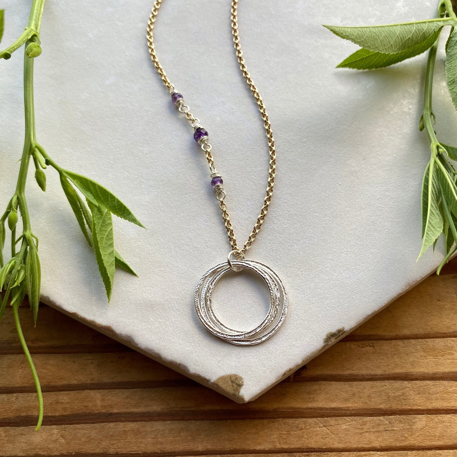 30th Mixed Metal Minimalist Milestone Birthday Necklace with Birthstones, 3 Rings for 3 Decades Sparkly 3 Circles Necklace, 3 Friends