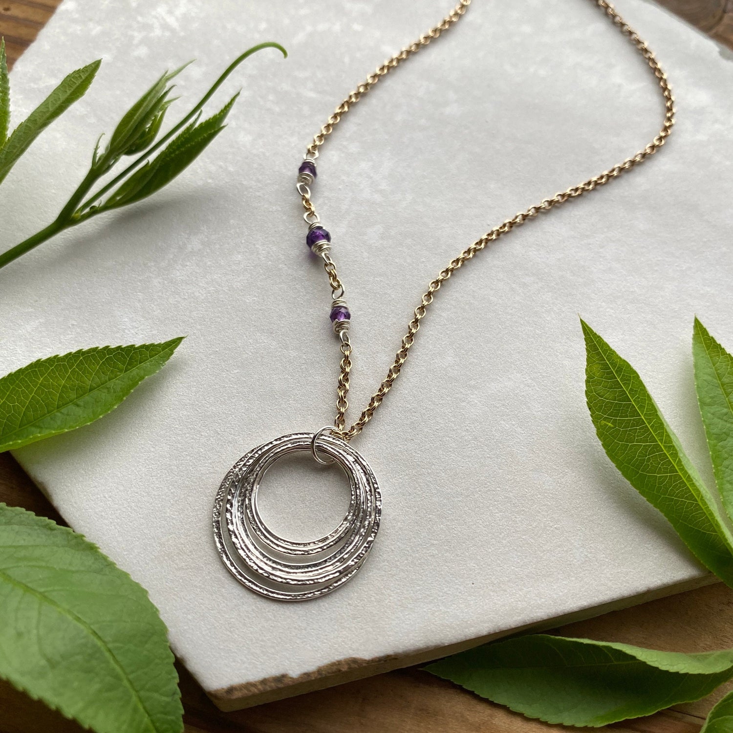 6 Circle 60th Mixed Metal Minimalist Milestone Birthday Necklace with Birthstones, 6 Rings for 6 Decades Silver Six Circles Pendant on Gold