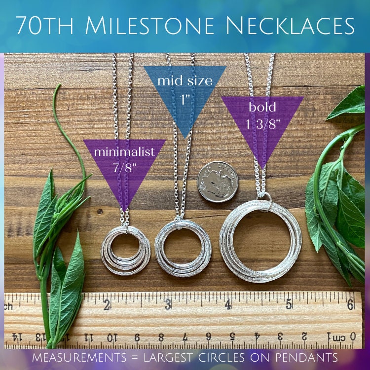 7 Circle 70th Mixed Metal Minimalist Milestone Birthday Necklace with Birthstones, 7 Rings for 7 Decades Silver Circles Pendant Gold Chain