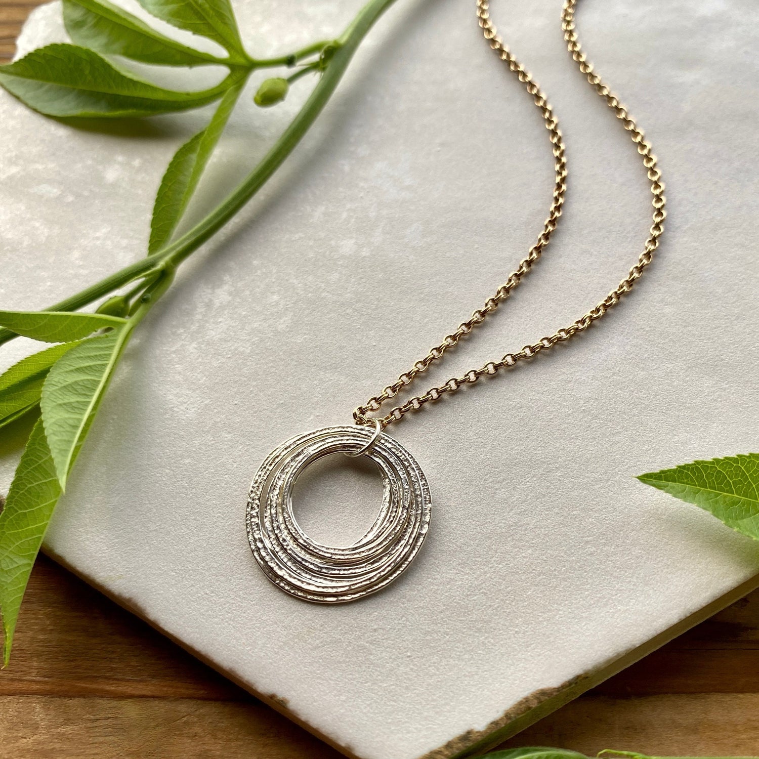8 Circle 80th Minimalist Mixed Metal Milestone Birthday Necklace, Seven Rings for 8 Decades Handcrafted Perfectly Imperfect 8 Circle Pendant
