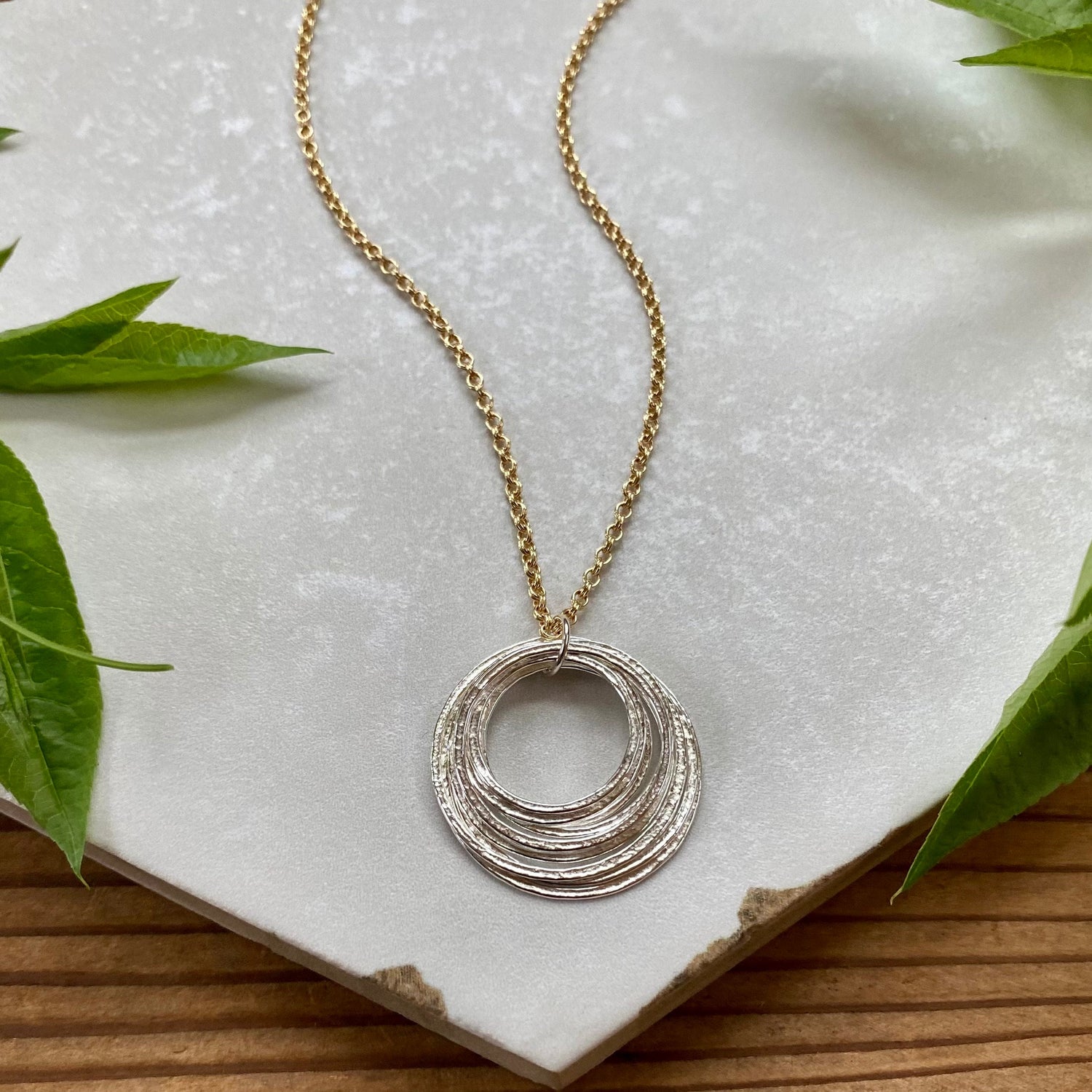 9 Circle 90th Minimalist Mixed Metal Milestone Birthday Necklace, Nine Rings for 9 Decades Handcrafted Perfectly Imperfect 9 Circle Pendant