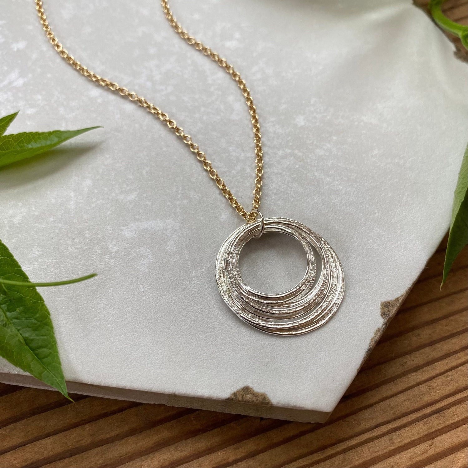 9 Circle 90th Minimalist Mixed Metal Milestone Birthday Necklace, Nine Rings for 9 Decades Handcrafted Perfectly Imperfect 9 Circle Pendant