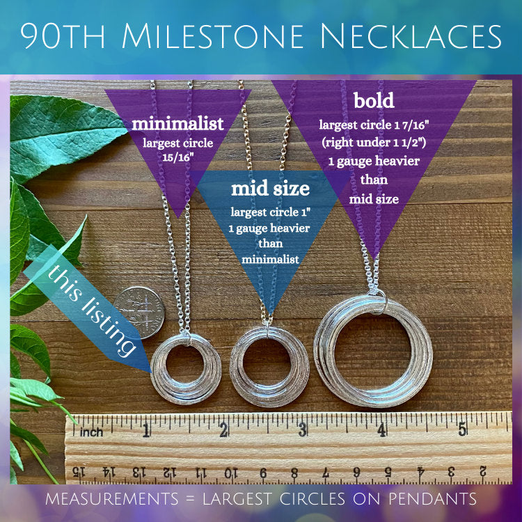 9 Circle 90th Mixed Metal Minimalist Milestone Birthday Necklace with Birthstones, 9 Rings for 9 Decades Silver Circles Pendant Gold Chain