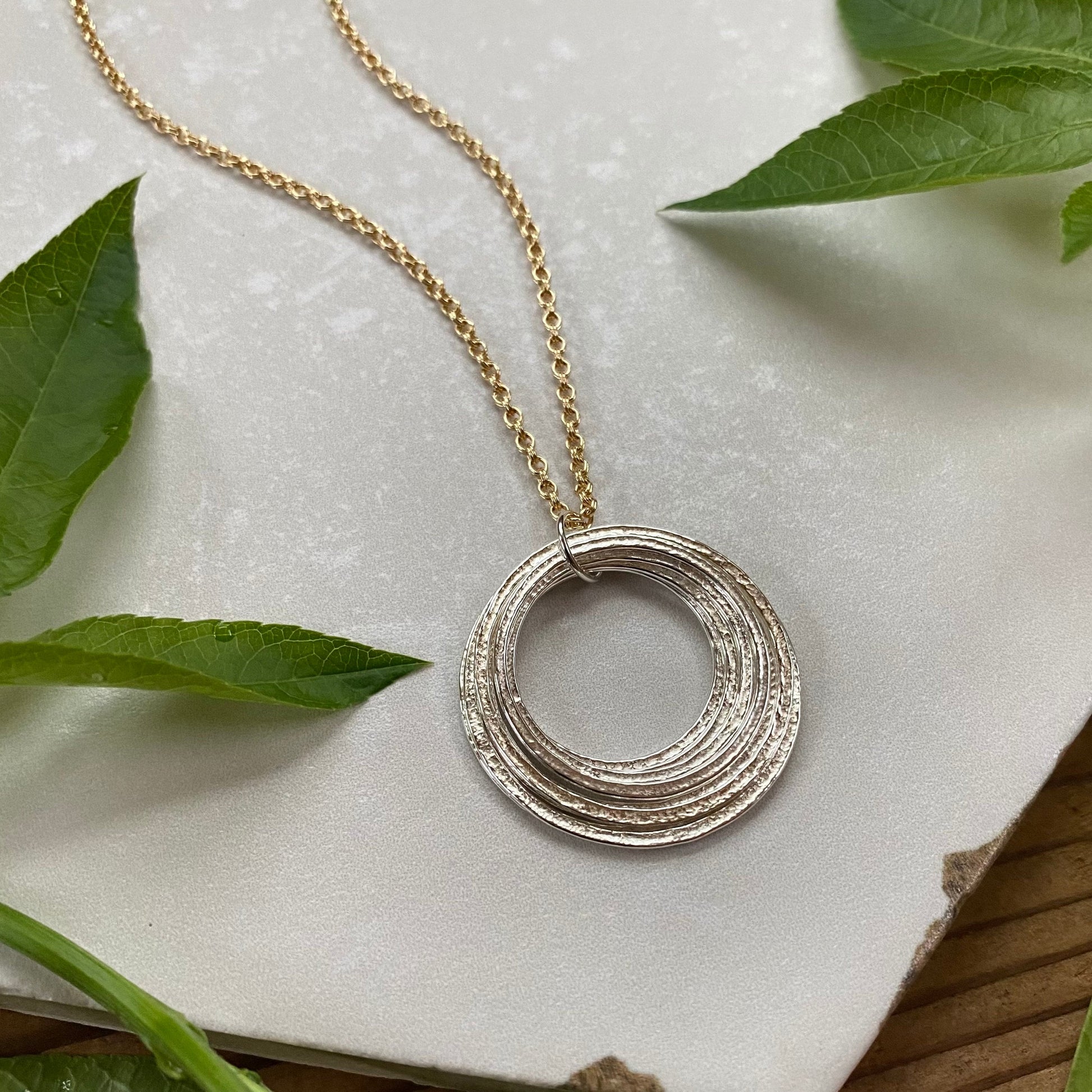 90th Birthday Mixed Metal Nine Circles Necklace - Mid Size, 9 Rings for 9 Decades Milestone Jewelry, Handcrafted Birthday Gift for Woman