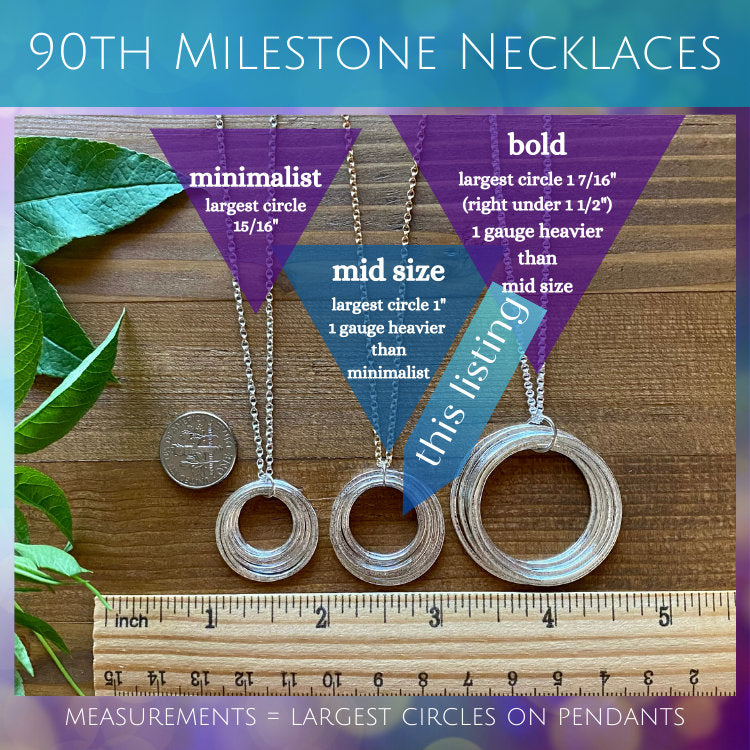 90th Birthday Mixed Metal Necklace with Birthstones, Mid Size 9 Rings for 9 Decades Elegant Circles Pendant, Unique 90th Birthday Gift