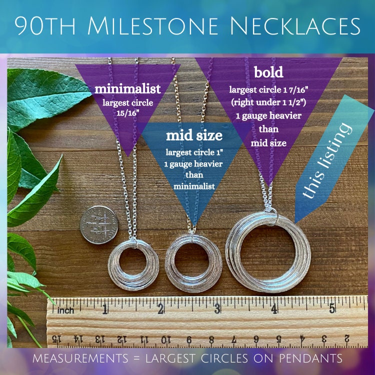 90th Birthday Milestone Necklace with Birthstones, Bold Handcrafted Sterling Silver Sparkly Circles Nine Rings for 9 Decades Pendant