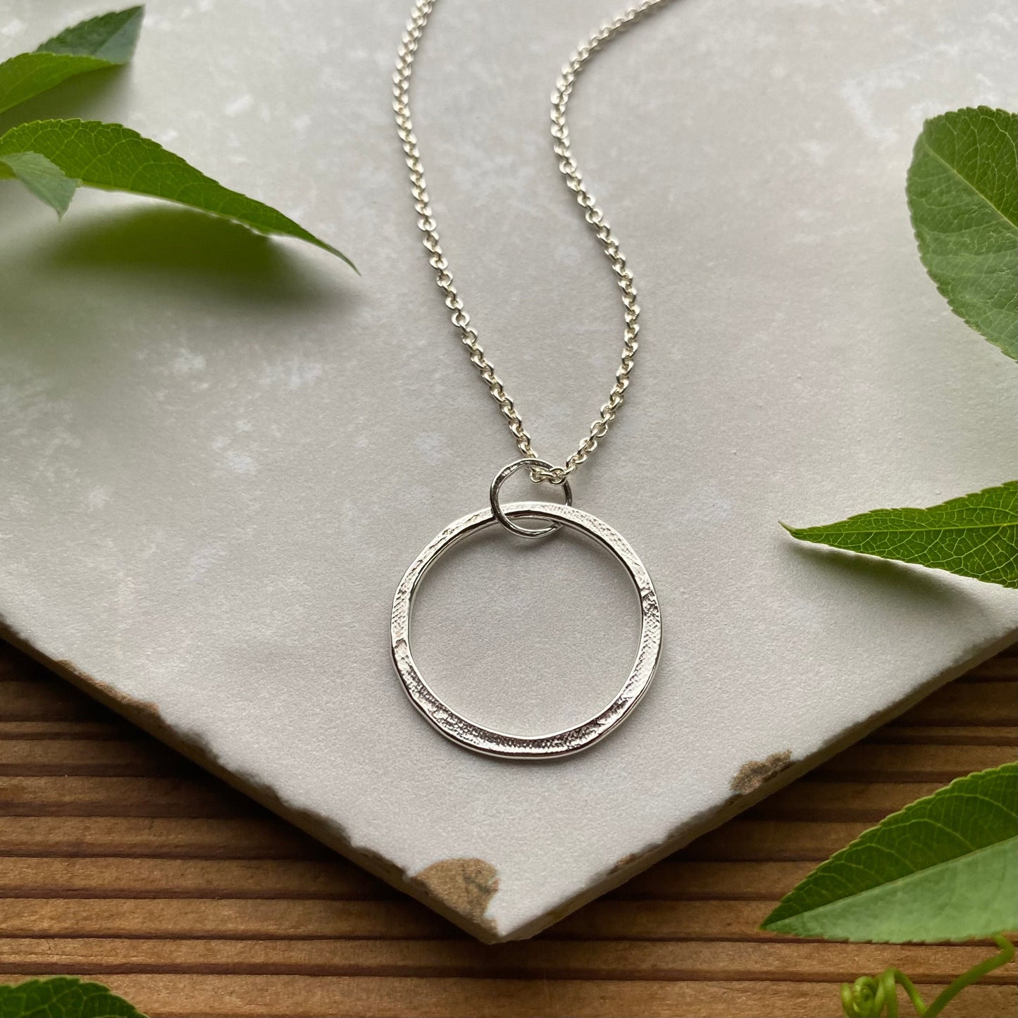 Rustic Hammered Sterling Silver Single Circle Handmade Pendant on Sterling Silver Cable Chain, Everyday Bohemian Elegance