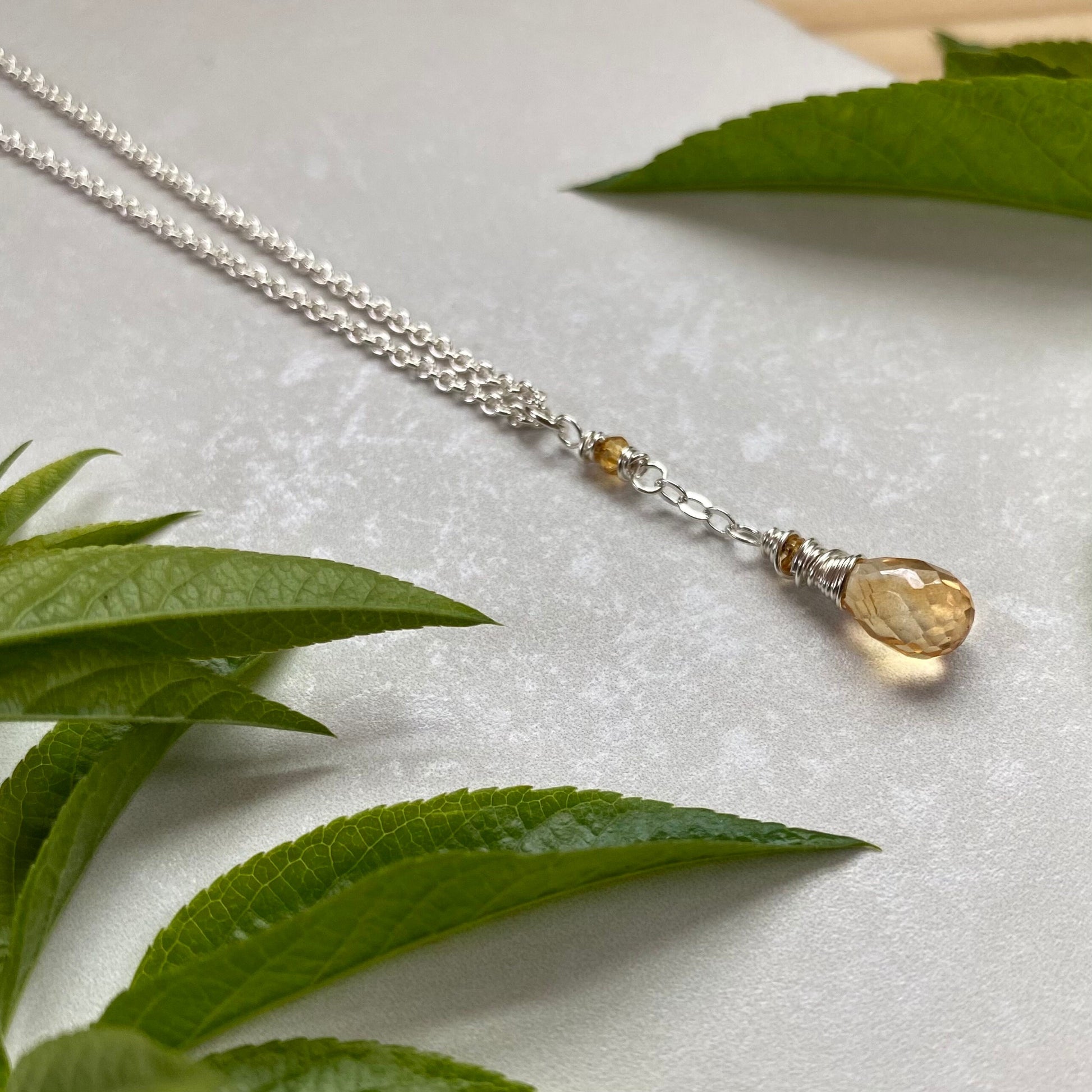 Citrine Pendant Necklace, Dainty Sterling Silver Yellow Gemstone Teardrop Necklace, November Birthstone Citrine Jewelry, Simple Boho Style