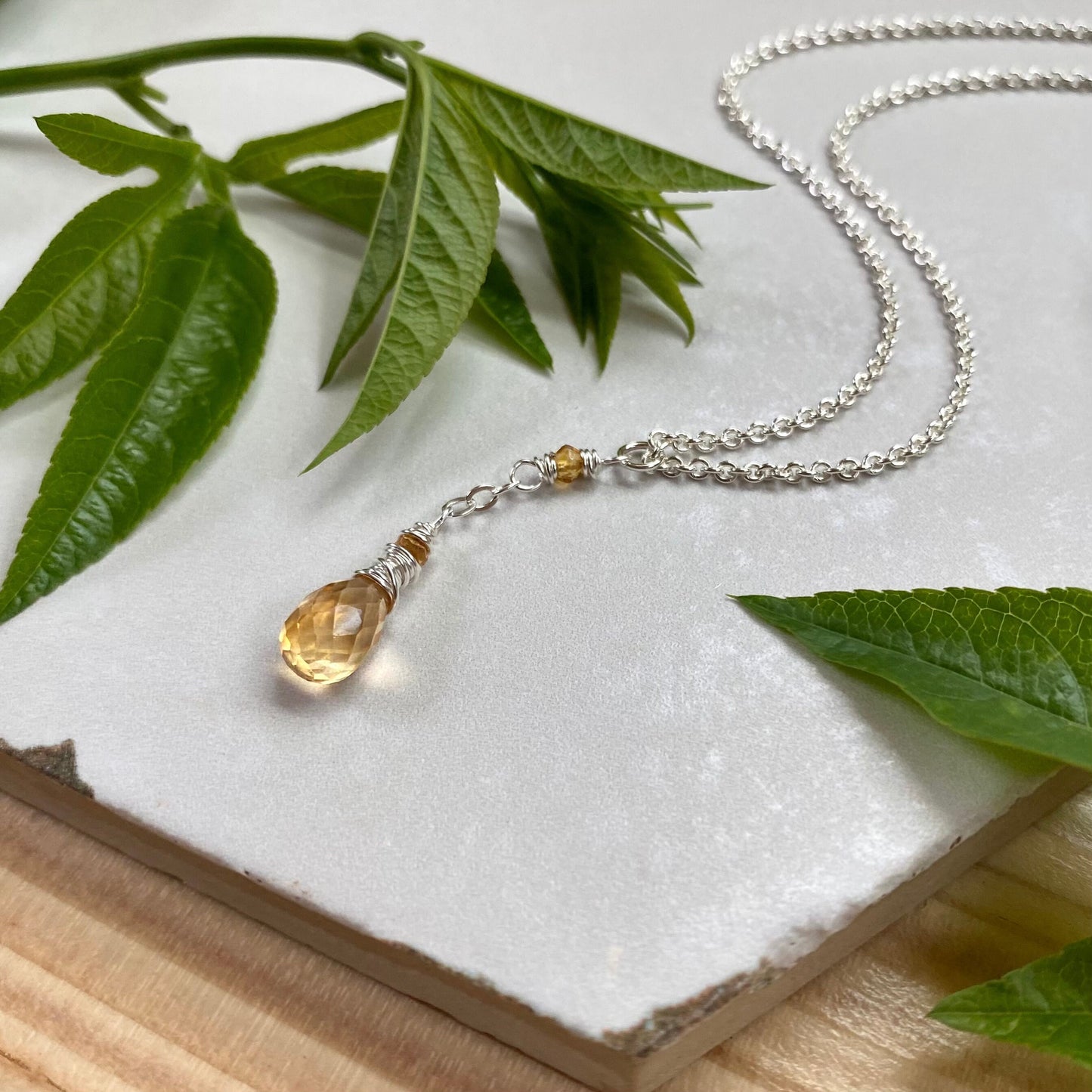 Citrine Pendant Necklace, Dainty Sterling Silver Yellow Gemstone Teardrop Necklace, November Birthstone Citrine Jewelry, Simple Boho Style