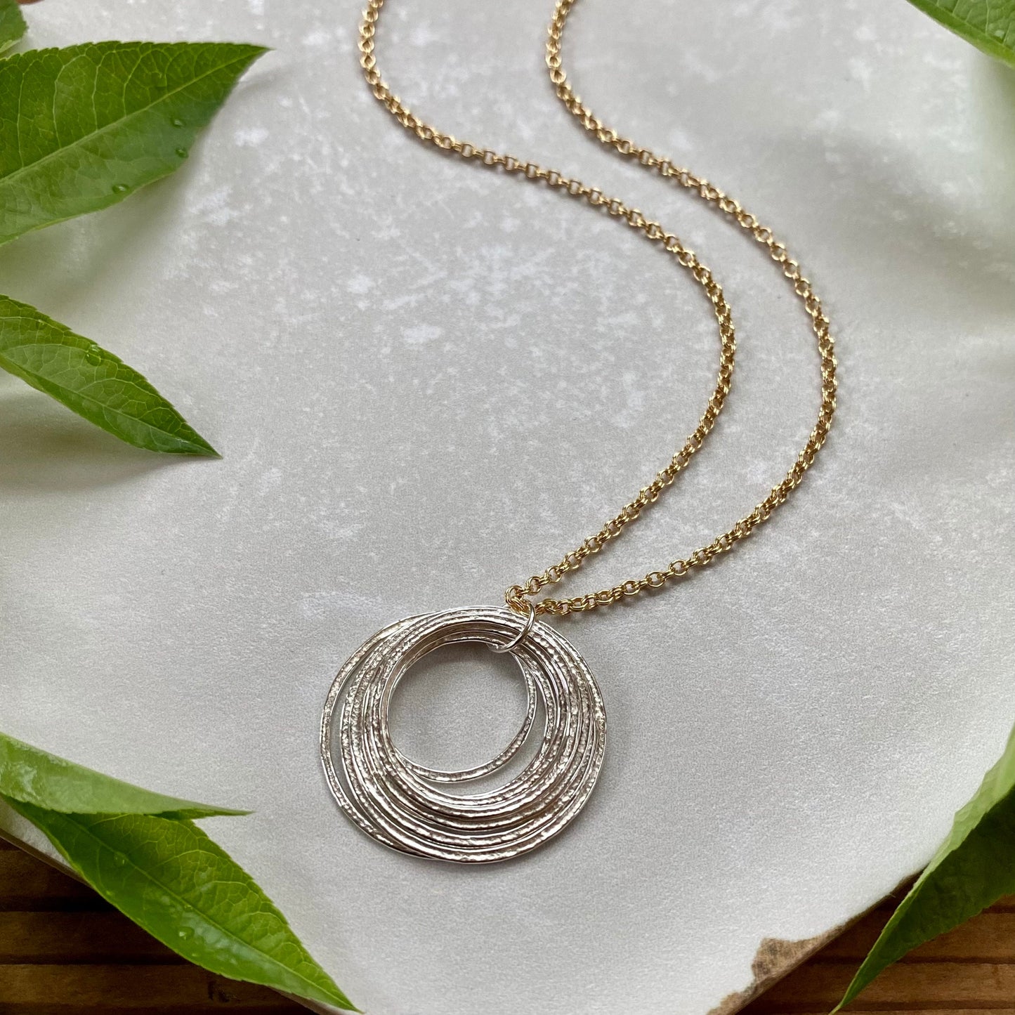 9 Circle 90th Minimalist Mixed Metal Milestone Birthday Necklace, Nine Rings for 9 Decades Handcrafted Perfectly Imperfect 9 Circle Pendant