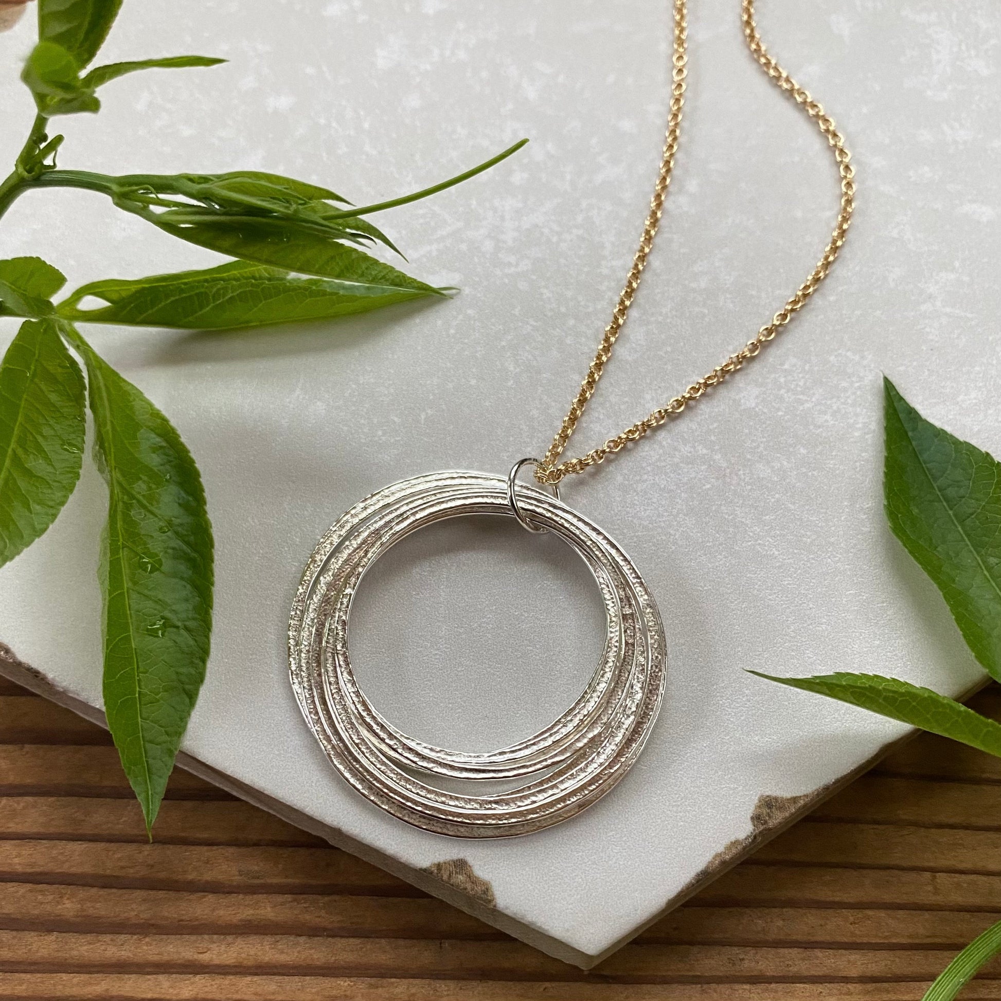 9 Circle 90th Birthday Mixed Metal Milestone Necklace, Handcrafted Bold Sparkly Circles Perfectly Imperfect Pendant on 14K Gold Filled Chain