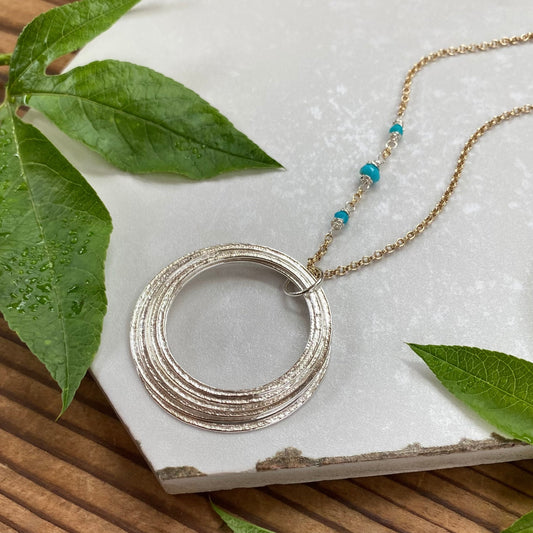 9 Circle 90th Birthday Necklace with Birthstones, Bold Mixed Metal Sterling Silver Pendant on Gold Chain, Nine Rings for 9 Decades
