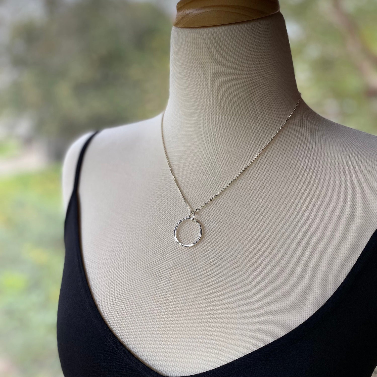 Rustic Hammered Sterling Silver Single Circle Handmade Pendant on Sterling Silver Cable Chain, Everyday Bohemian Elegance