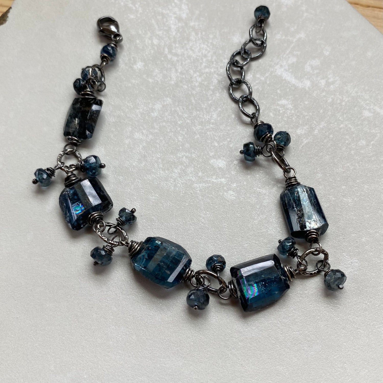 Kyanite Bracelet, Blue Gemstone Oxidized Sterling Silver Elegant Bohemian