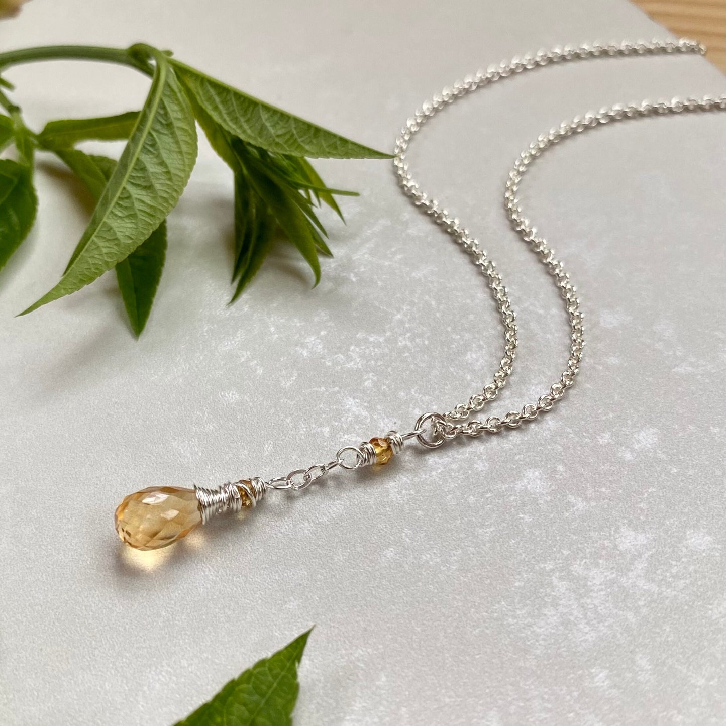 Citrine Pendant Necklace, Dainty Sterling Silver Yellow Gemstone Teardrop Necklace, November Birthstone Citrine Jewelry, Simple Boho Style