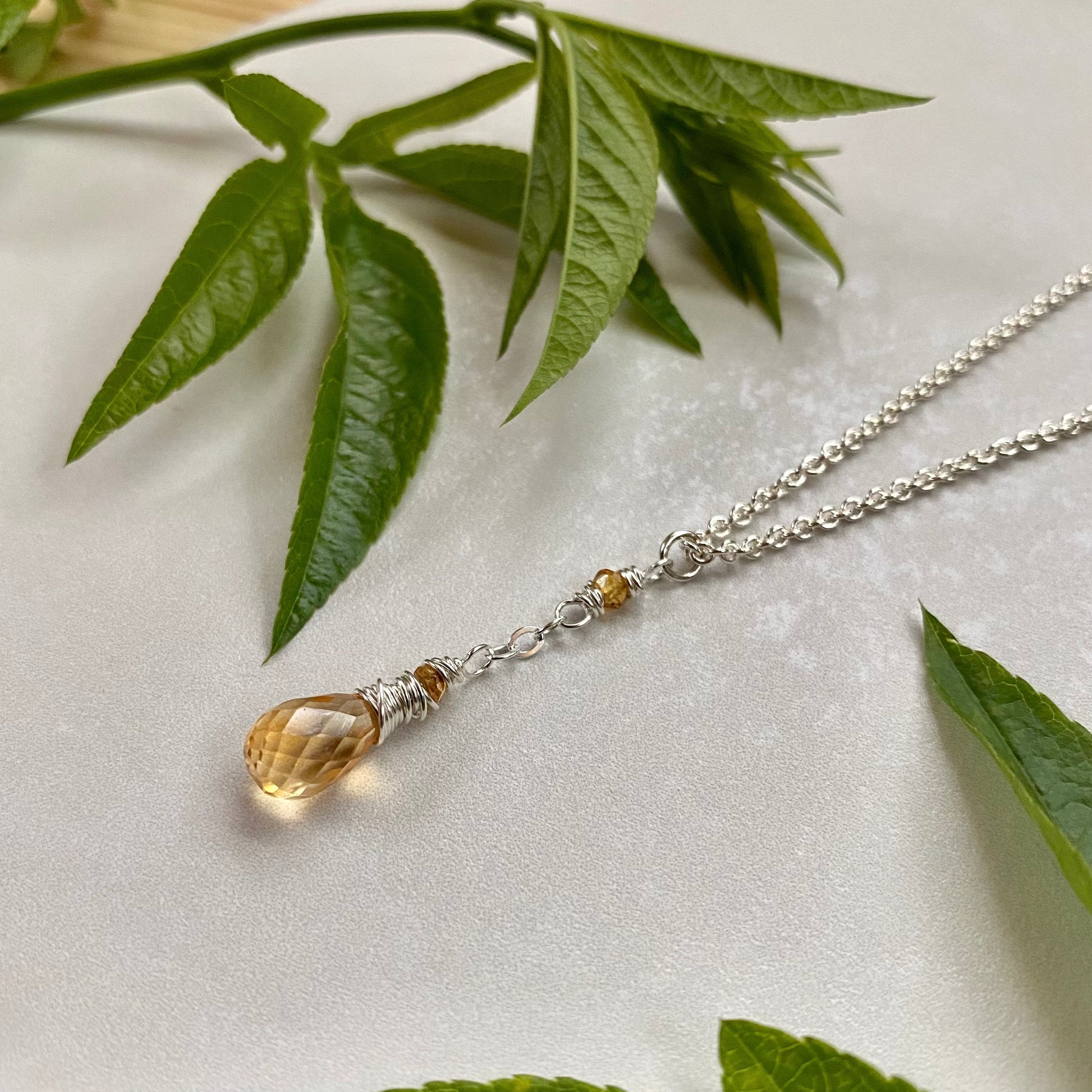 Citrine Pendant Necklace, Dainty Sterling Silver Yellow Gemstone Teardrop Necklace, November Birthstone Citrine Jewelry, Simple Boho Style