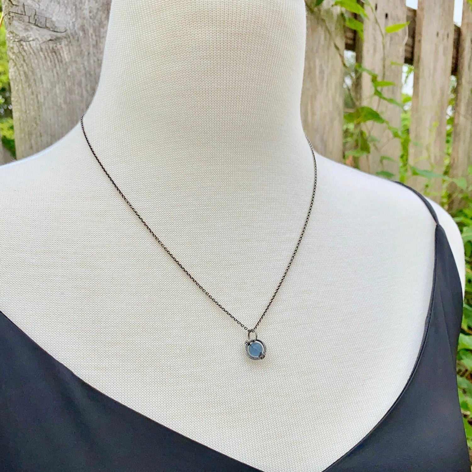 Earthy Blue Fluorite One Bead Necklace, Rustic Sterling Silver Hammered Minimalist Charm with Natural Gemstone, Casual Everyday Style