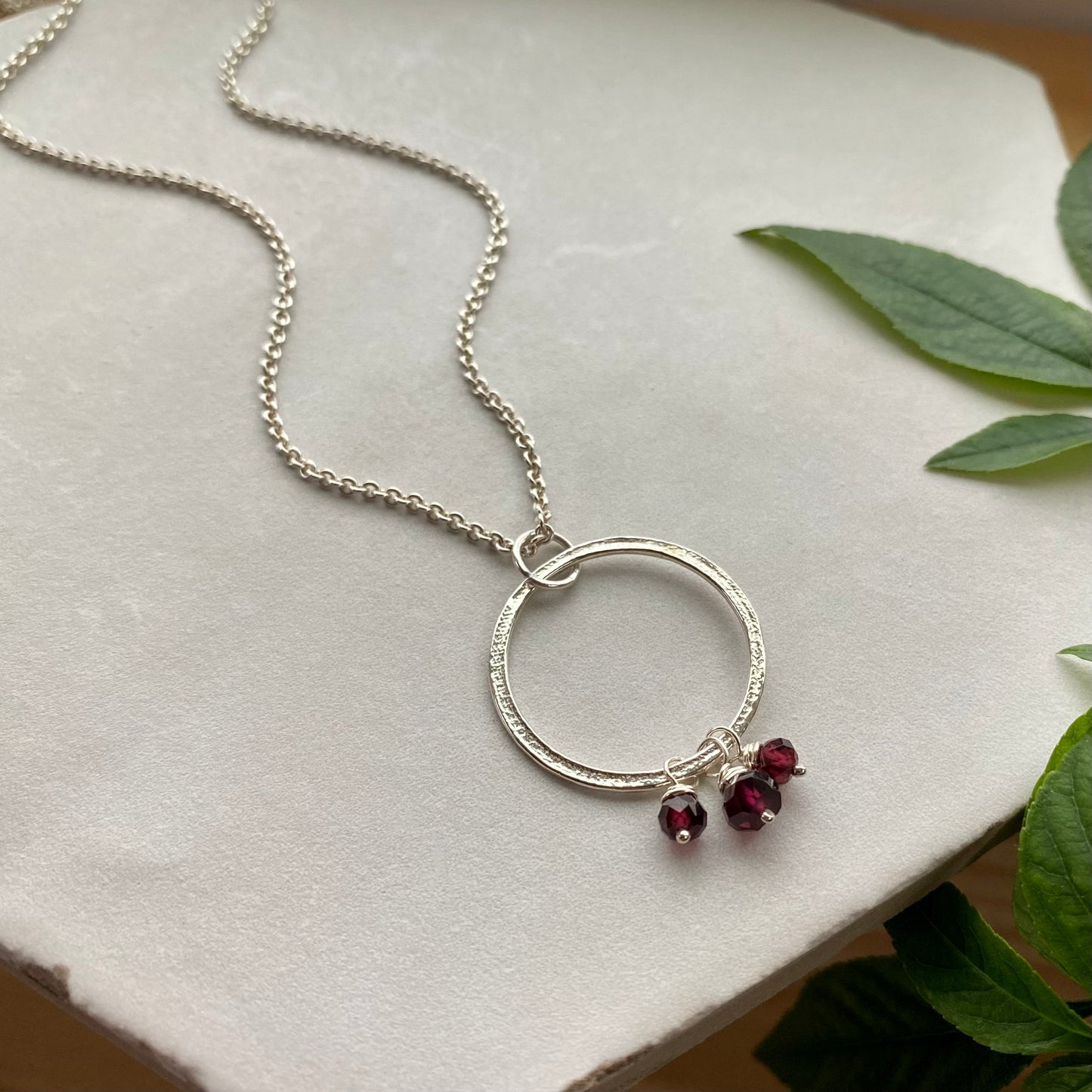 Gemstone Charm Necklace - Bold Version, Sterling Silver Sparkly Perfectly Imperfect Circles Pendant with Choice of Gemstone Birthstones