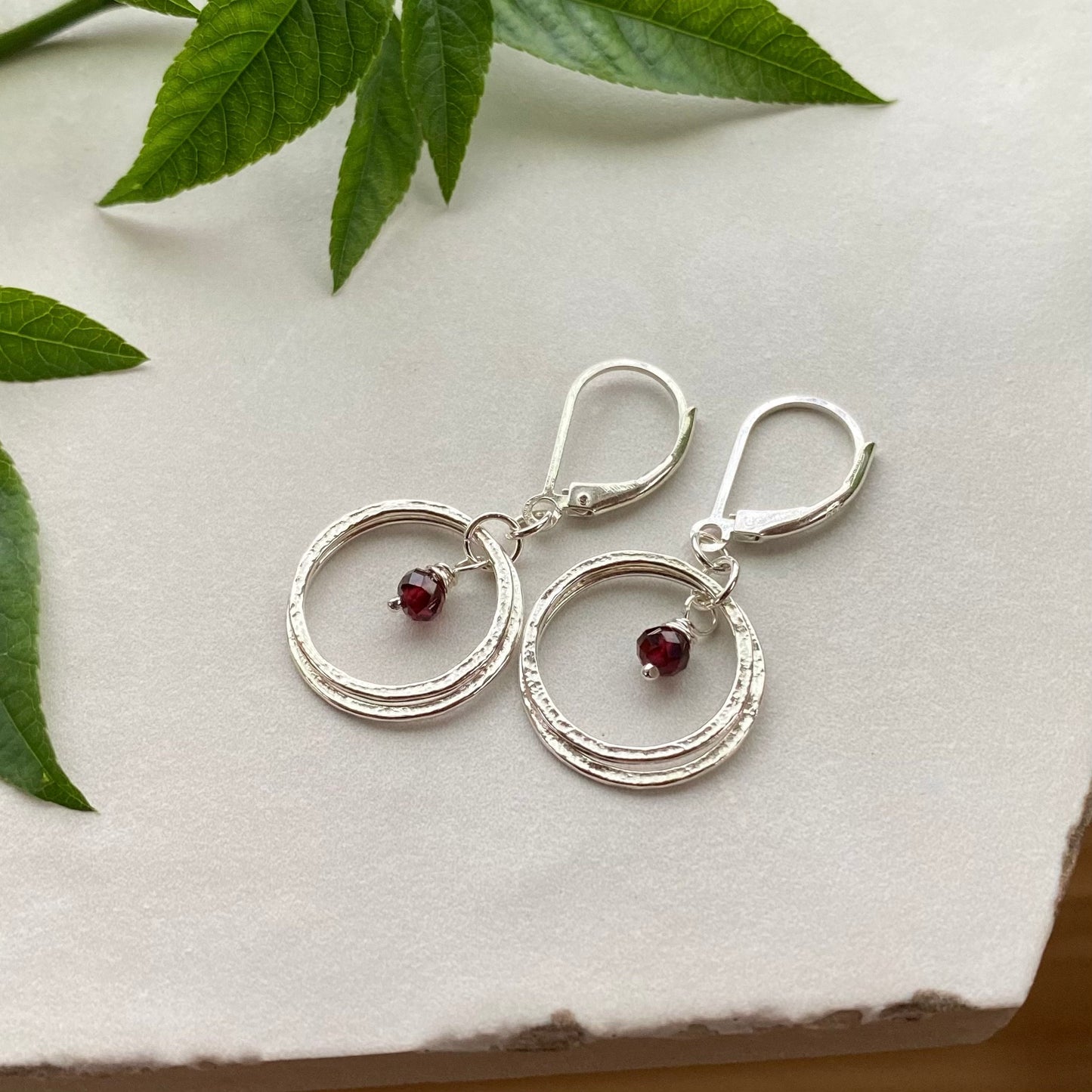 Sterling Silver Sparkly Textured Double Hoop Earrings with Birthstones, 5/8" Circle Dangle Drop Minimalist Style, Elegant Birthday Gift