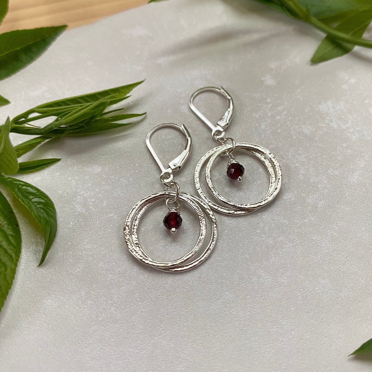 Sterling Silver Sparkly Textured Double Hoop Earrings with Birthstones, 5/8" Circle Dangle Drop Minimalist Style, Elegant Birthday Gift