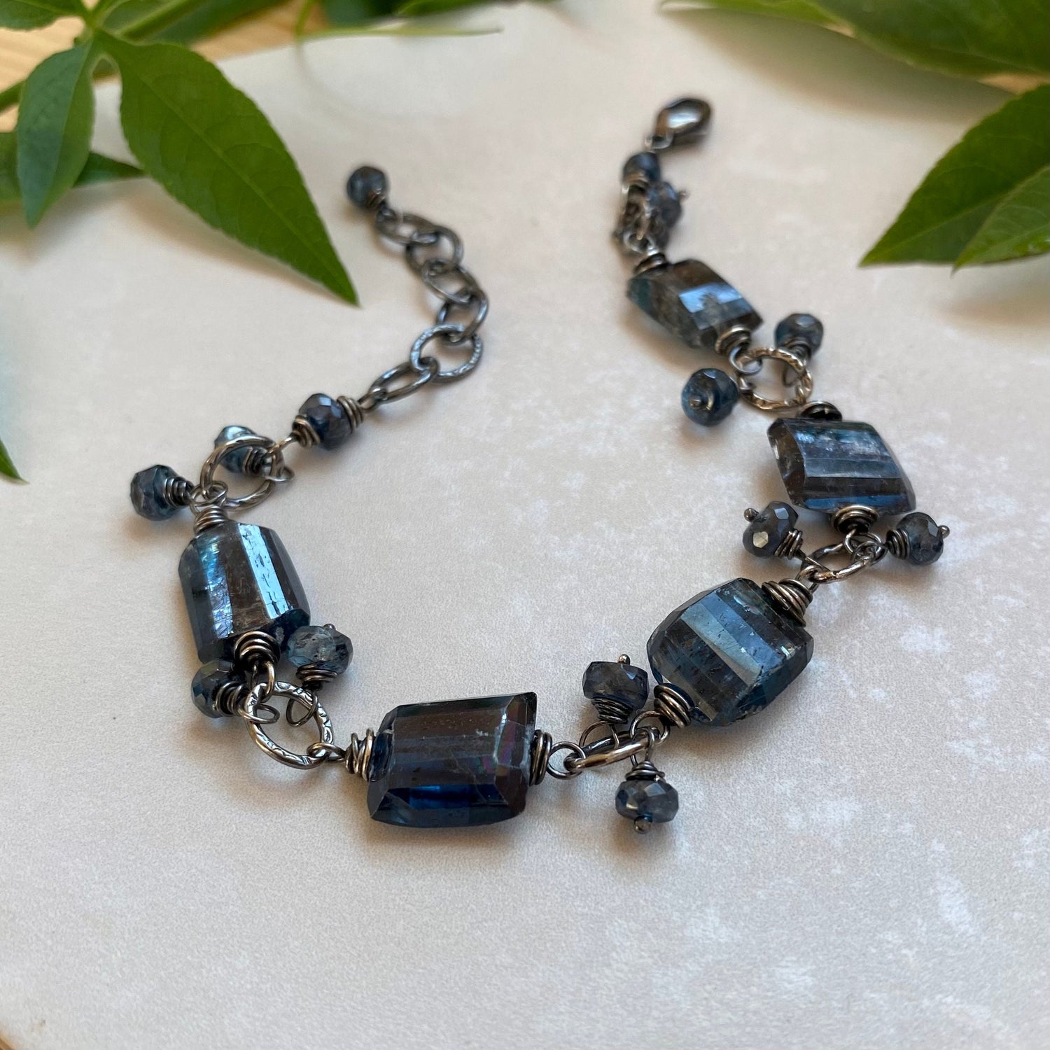 Kyanite Bracelet, Blue Gemstone Oxidized Sterling Silver Elegant Bohemian