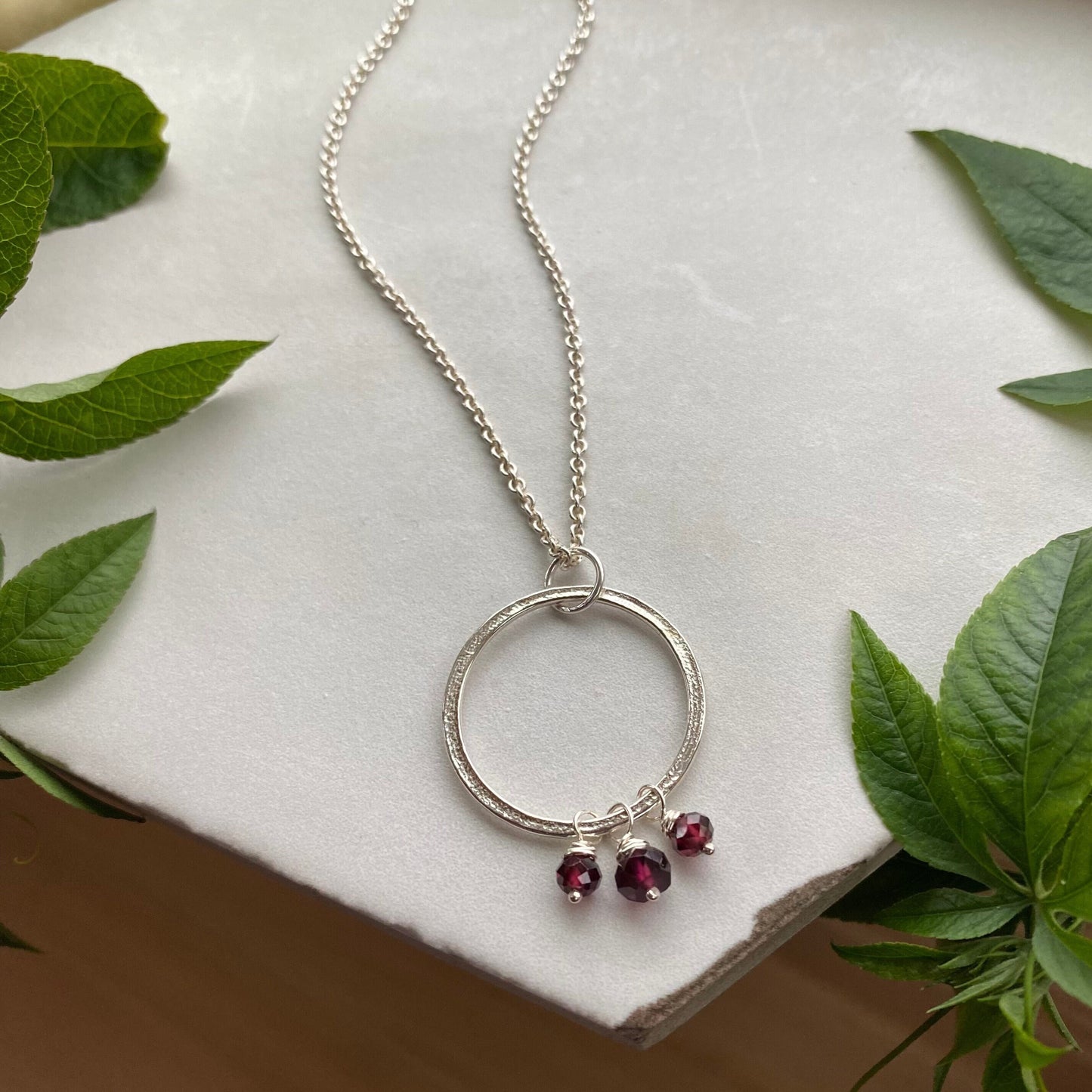 Gemstone Charm Necklace - Bold Version, Sterling Silver Sparkly Perfectly Imperfect Circles Pendant with Choice of Gemstone Birthstones