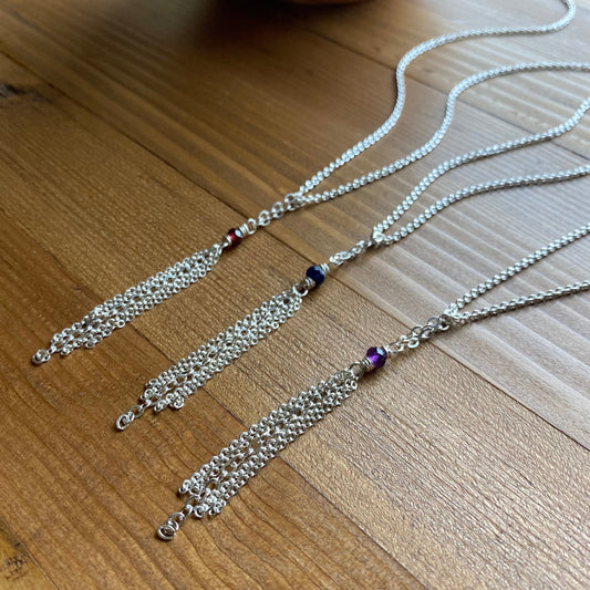 Sterling Silver Fringe Chain Necklace with Birthstone, Elegant Mixed Chain Gemstone Pendant, Handcrafted Birthday Gift Sister Friend Mother
