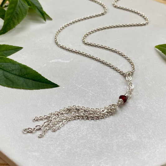 Sterling Silver Fringe Chain Necklace with Birthstone, Elegant Mixed Chain Gemstone Pendant, Handcrafted Birthday Gift Sister Friend Mother